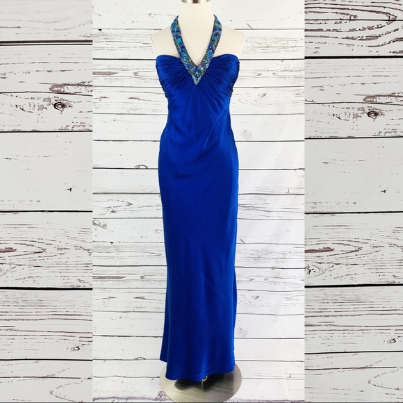 Cache Dresses & Skirts - Cache 100% silk long formal blue beaded halter